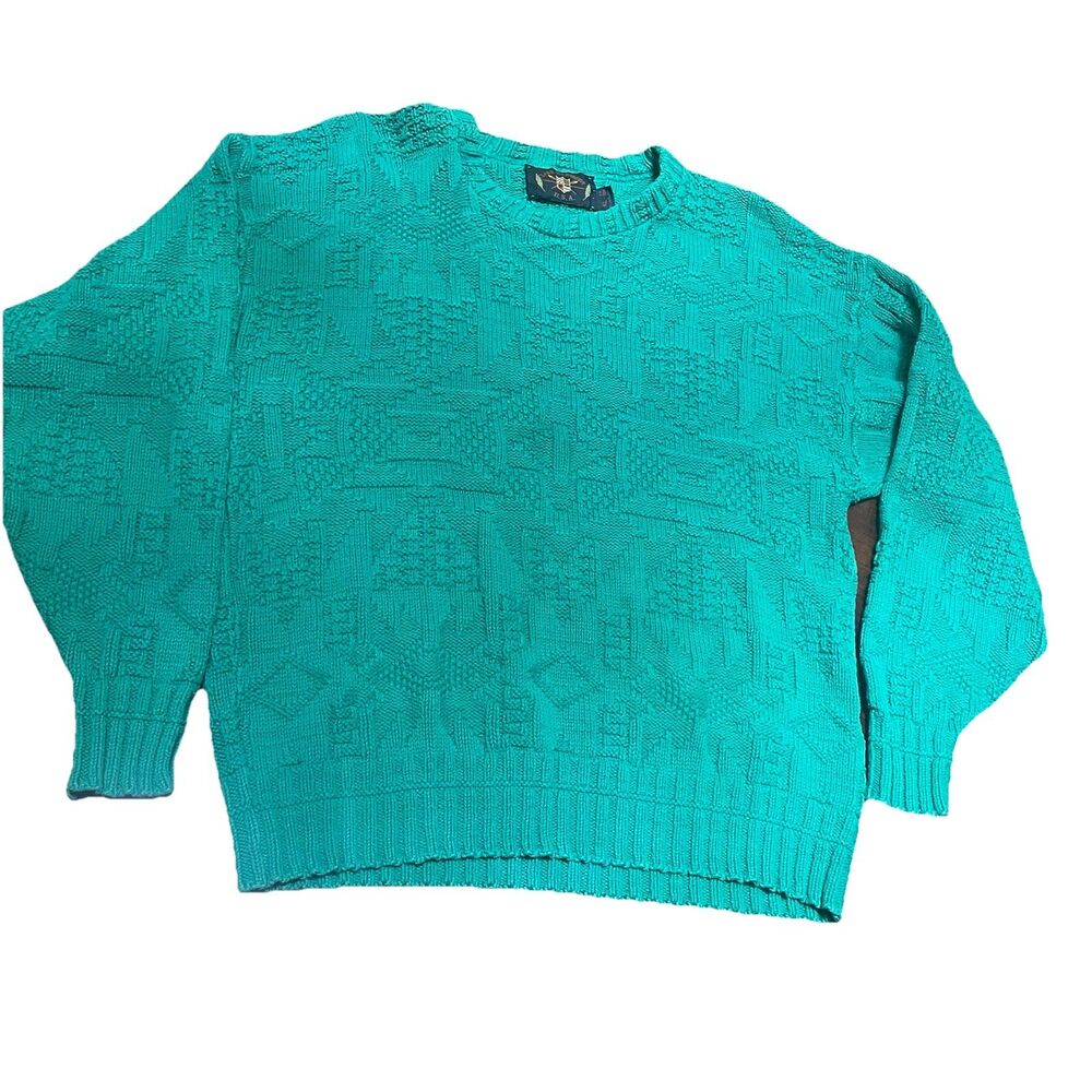 VTG Lake Harmony USA Textured Knit Sweater XL Teal Green 100% Cotton Crewneck 90
